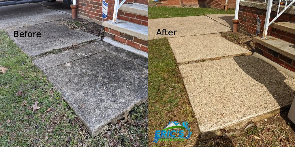 Aggregate concrete washed with hot water and algaecide to remove all organic stains.