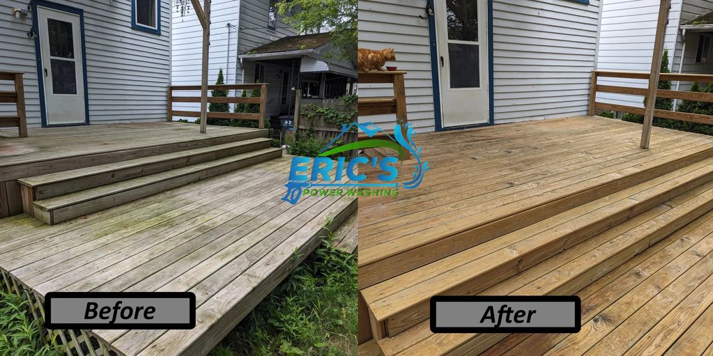Wooden Deck cleaning using soft washing method. Low pressure used to clean boards with proper deterg