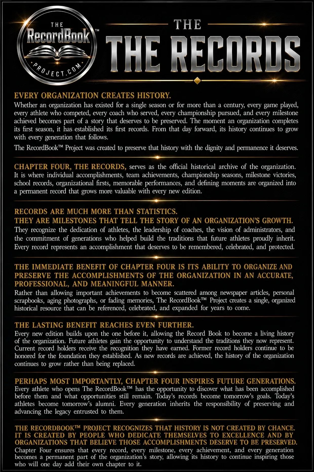 Explanation of The RecordBook project and its importance in preserving organizational history.