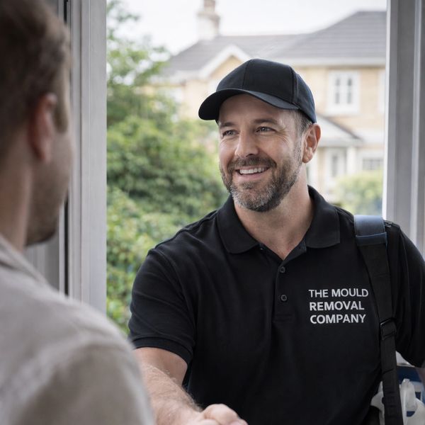 A mould removal professional greets a customer at the door with a handshake.