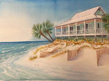 Matt's Family Beach House, 2024.  Water colour, 36" x 24".  
An interpretation of what a customer re