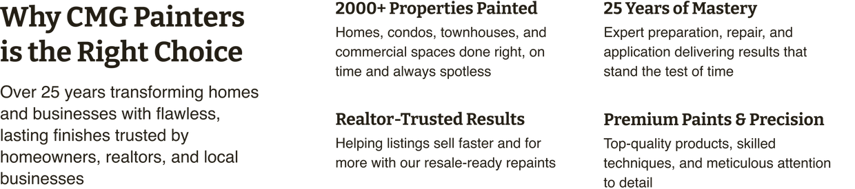 CMG Painters: Trusted for over 25 years with flawless finishes and expert service.