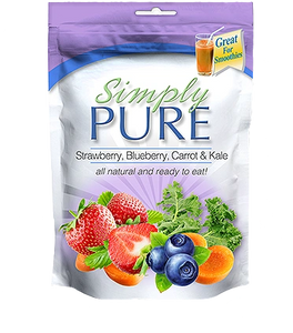 Simply Pure single-serve frozen Strawberry, Blueberry, Carrot & Kale Fruit & Vegetable blenders.