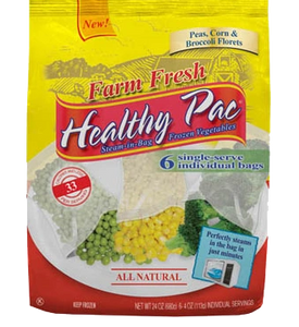 Healthy Pac single-serve Combo Pack containing frozen Peas, Corn, & Broccoli Florets.