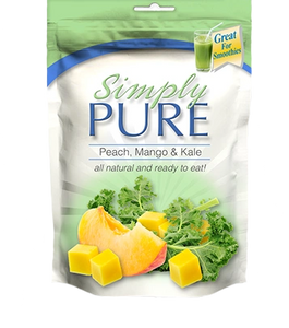 Simply Pure single-serve frozen Peach, Mango and Kale Fruit & Vegetable blenders.