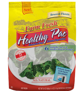 Healthy Pac single-serve frozen Broccoli Florets vegetable packets.
