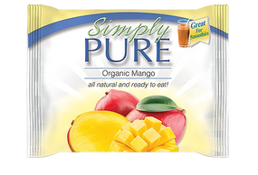 Simply Pure single-serve frozen Organic Mango fruit packets.
