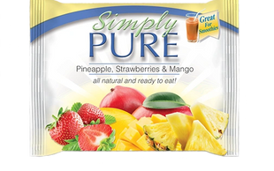 Simply Pure single-serve frozen Pineapple, Strawberry & Mango fruit packets.