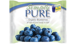Simply Pure single-serve frozen Organic Blueberry fruit packets.