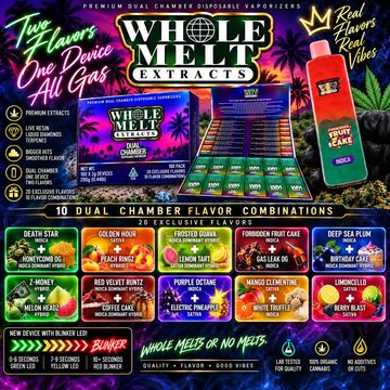 Whole Melt Extracts disposable vaporizers with dual chamber and 10 flavor combinations.
