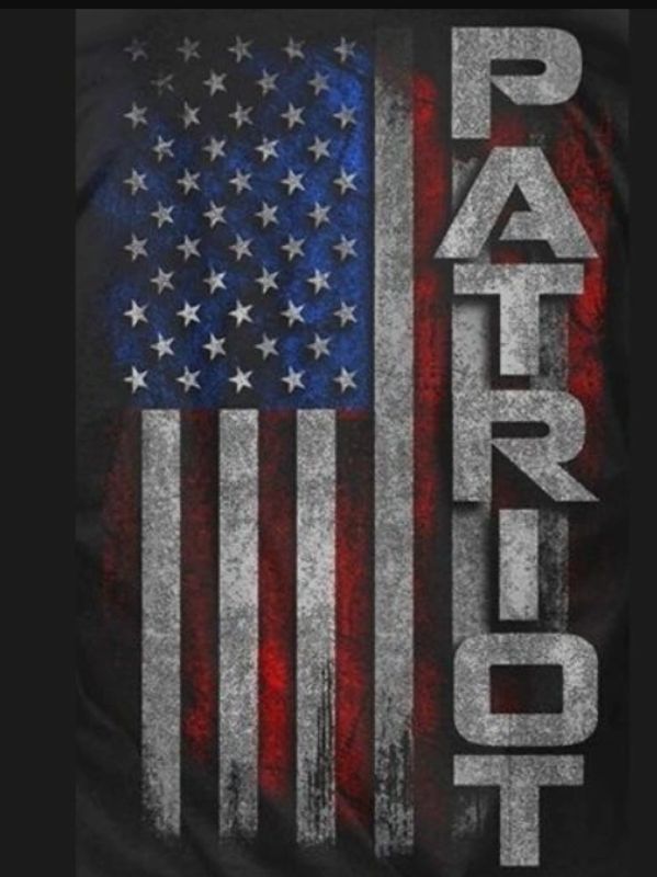 American flag with the word 'PATRIOT' in bold letters.