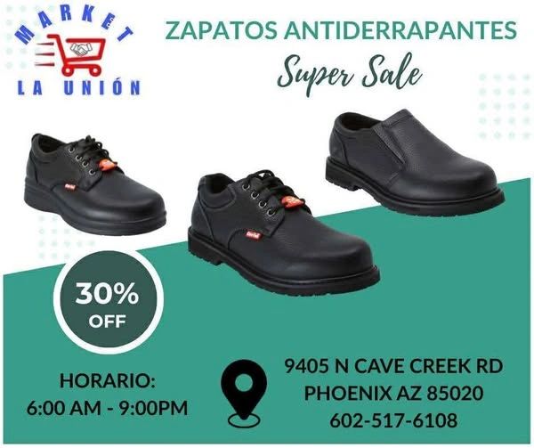 Advertisement for 30% off non-slip shoes at Market La Unión in Phoenix.