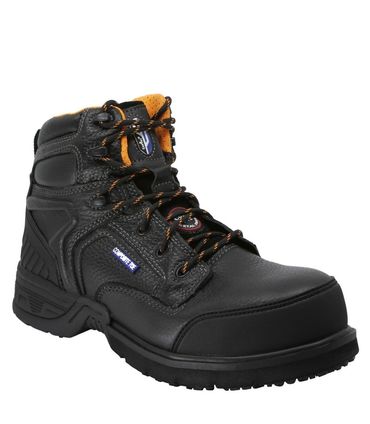 Black and orange composite toe work boot with rugged design.