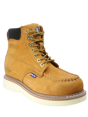 Tan work boot with steel toe and padded ankle collar.
