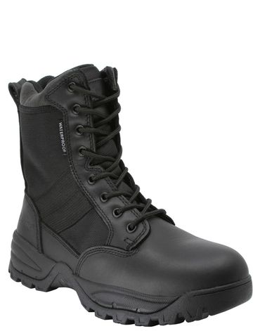 Black waterproof tactical boot with sturdy sole and laces.