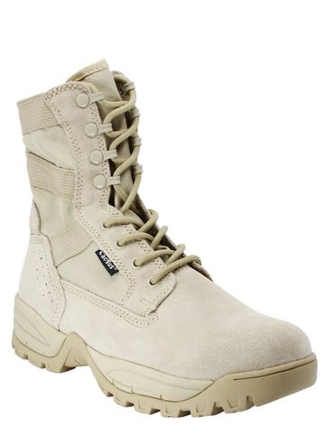 Tan tactical boot with sturdy sole and lace-up design.