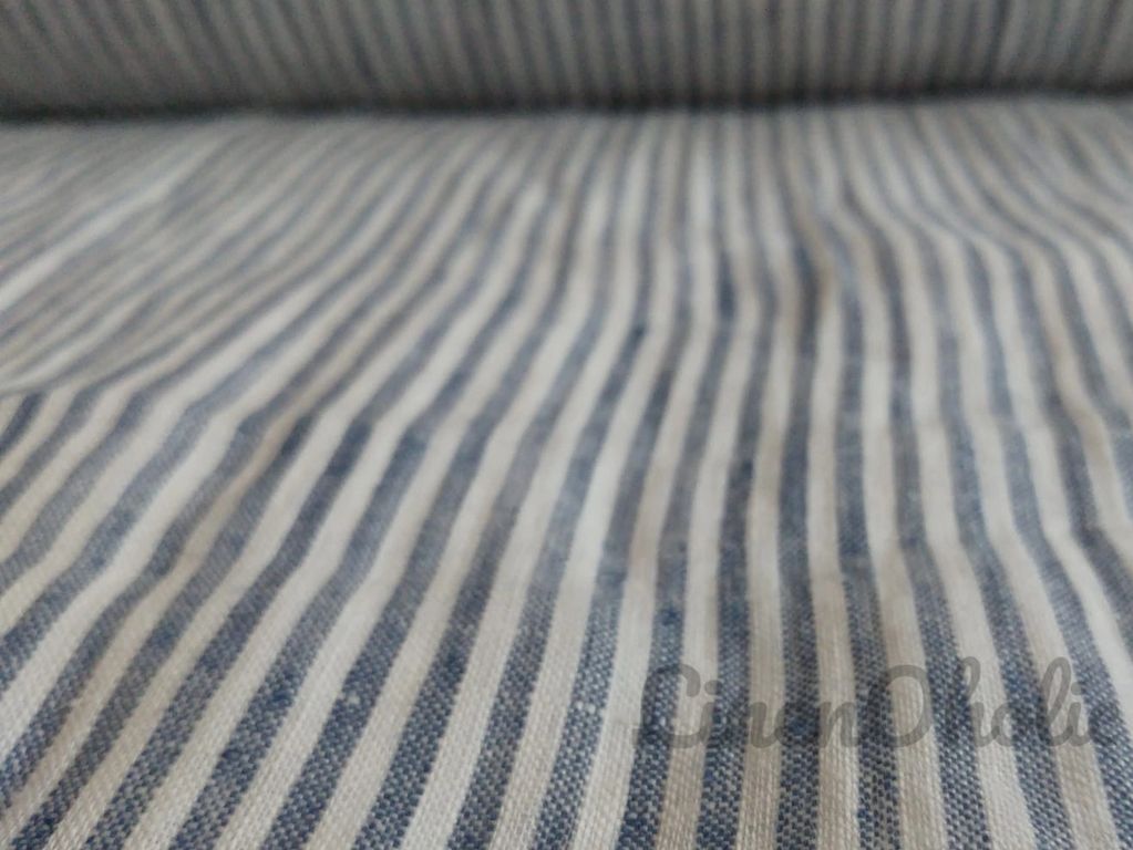 Striped soft linen fabric in navy white colour. Linenoholic UK shop