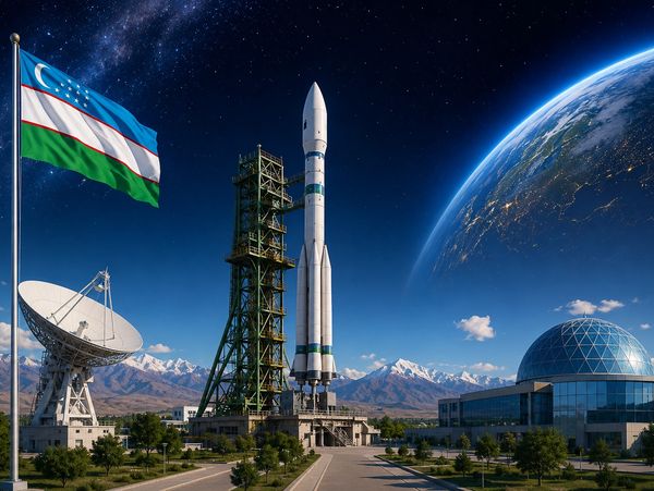 Rocket ready for launch with Uzbekistan flag and Earth in the background.