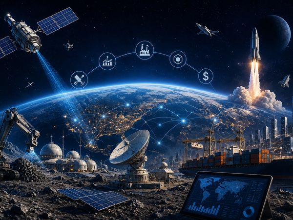 Futuristic space technology and global communication network scene.