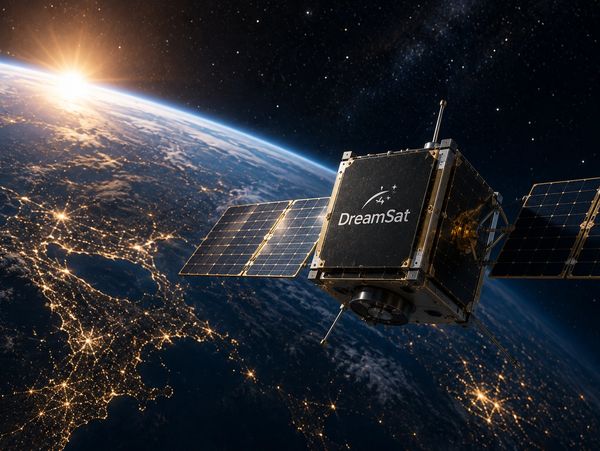 Satellite named DreamSat orbiting Earth with sunrise.