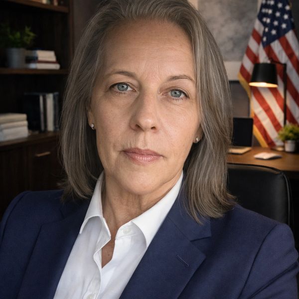 Professional woman in a navy blazer with an American flag in the background.