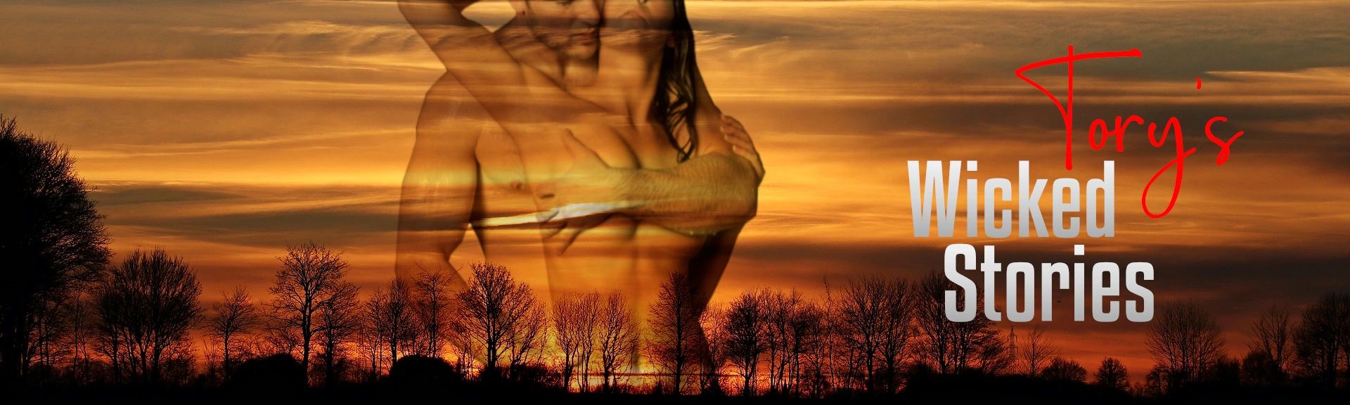 man with his arm around a woman's breast area, man and woman naked torso, background of trees & sky