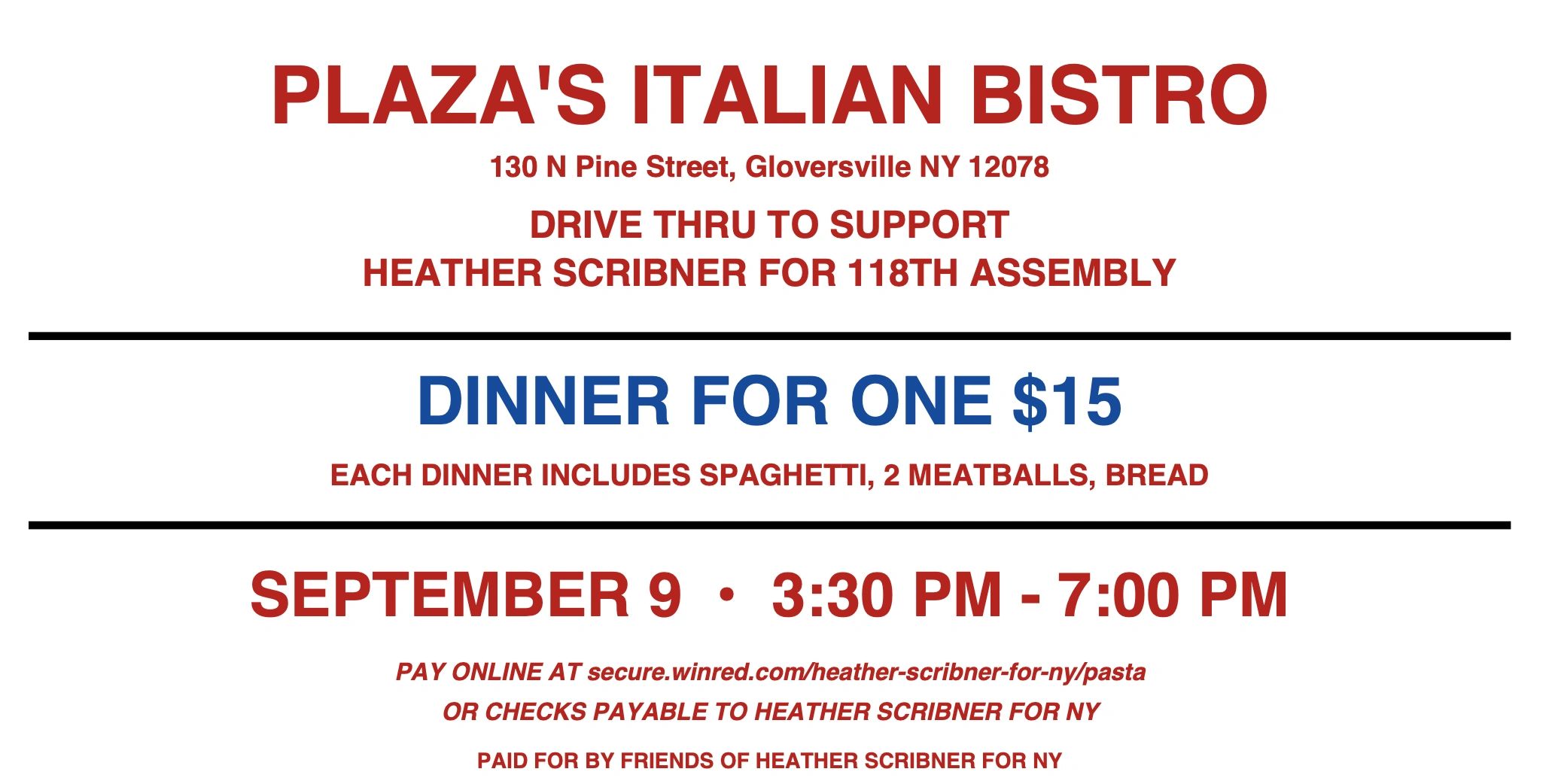 Fundraiser dinner for Heather Scribner at Plaza's Italian Bistro.