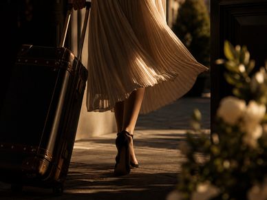 Woman in elegant dress walking with a suitcase during golden hour.