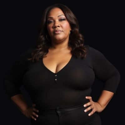 Confident woman in black outfit poses against a dark background.