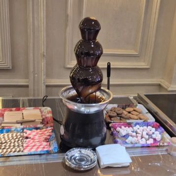 Chocolate fountain with marshmallows, cookies, and wafer sticks on a dessert table.