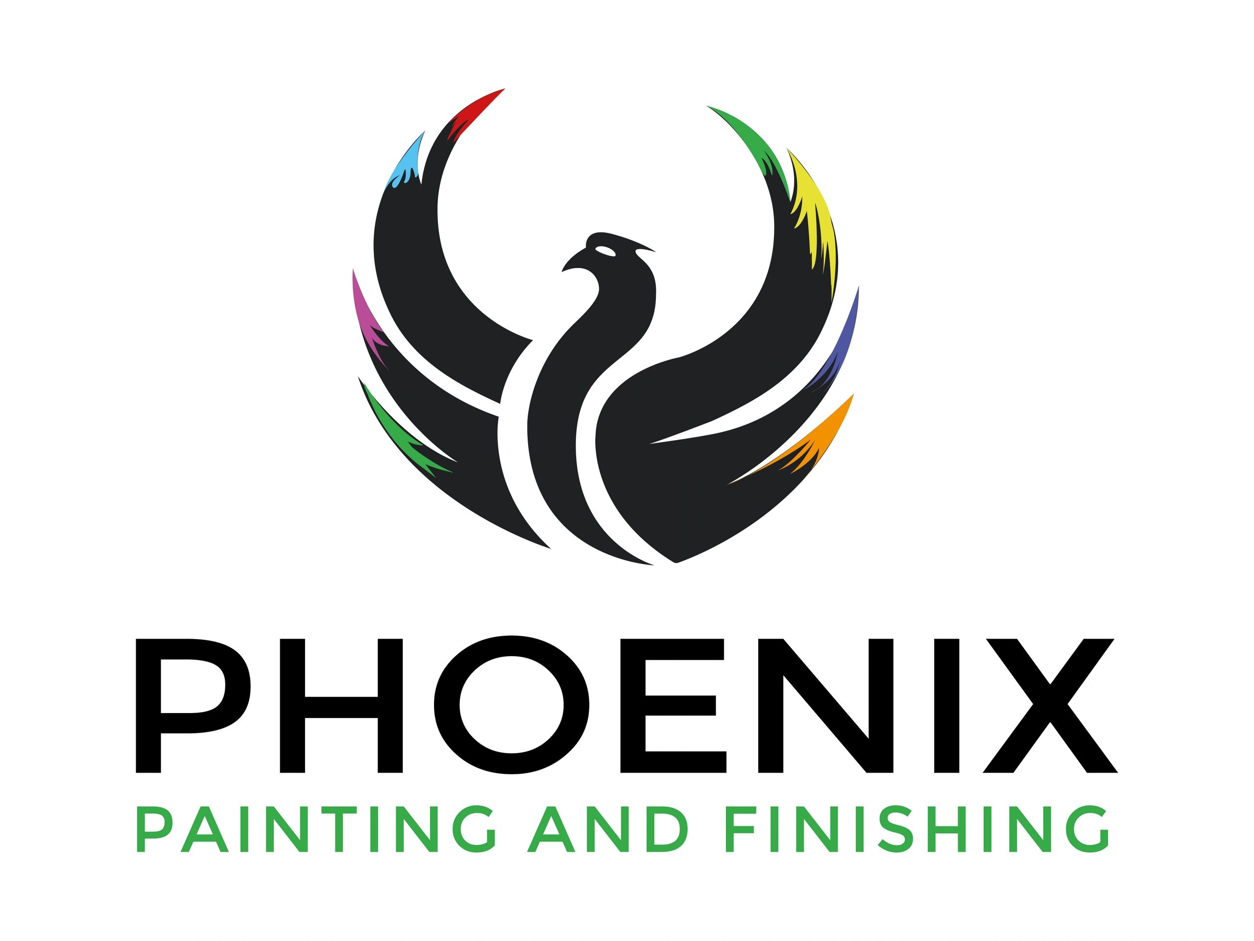 Stylized phoenix logo with colorful paint accents for a painting company.