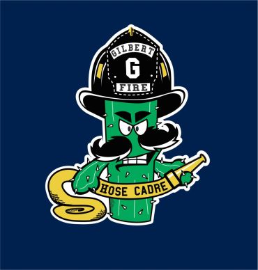 Cartoon cactus firefighter with hose and hat.