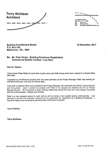 Character Reference from Terry Atchison Architect
Project Management Service