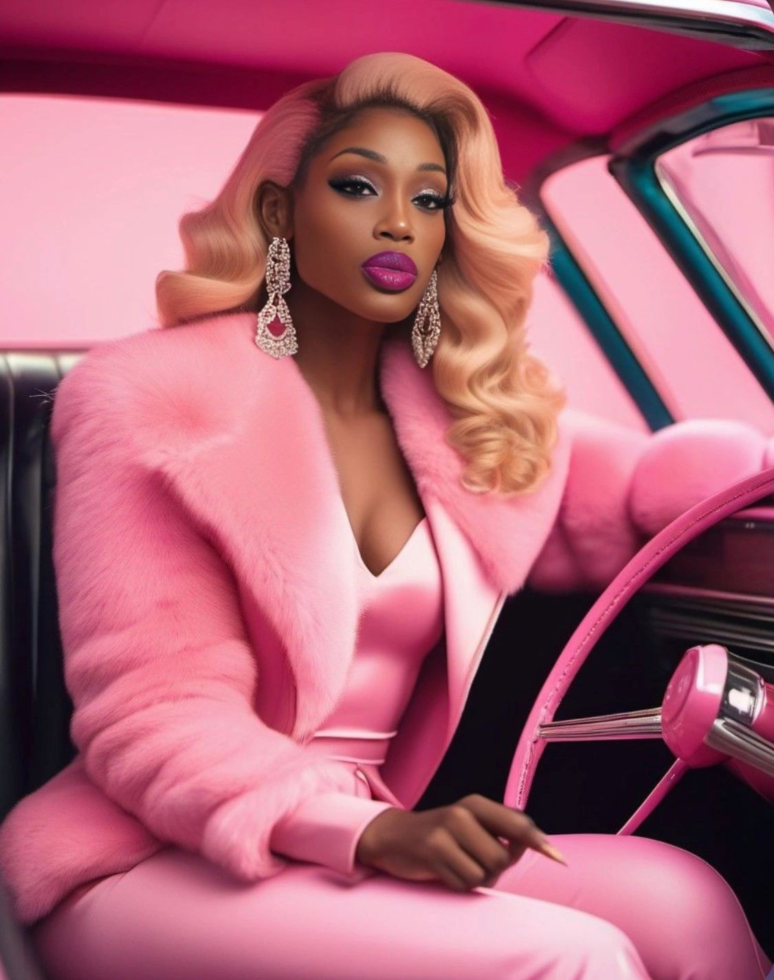 Beautiful black woman, flamingo, blonde hair, lady in pink, beautiful black skin, classic car, pink,