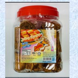 Container of brown dog treats with a red lid and colorful label.