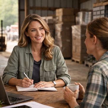 Two women having a friendly conversation at a rustic wooden table.