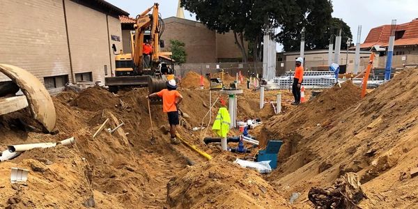 Excavator and workers at a construction site