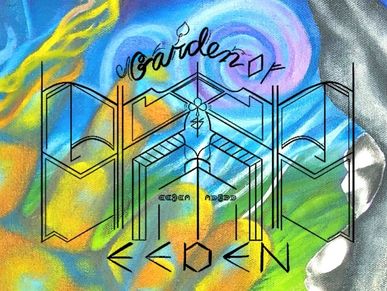 A psychedelic rainbow background depicts the gated garden of eeden logo over top