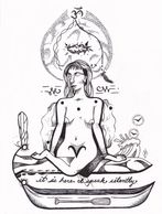 Ink illustration of title & femme person with crossed legs