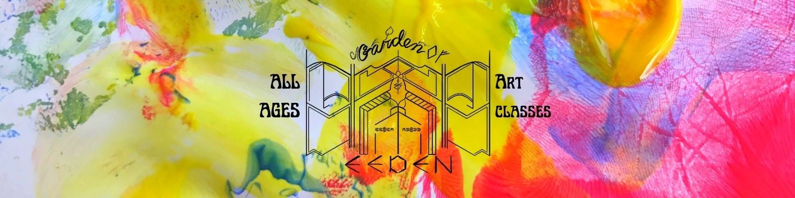 Painted primary color background depicts garden of Eeden logo