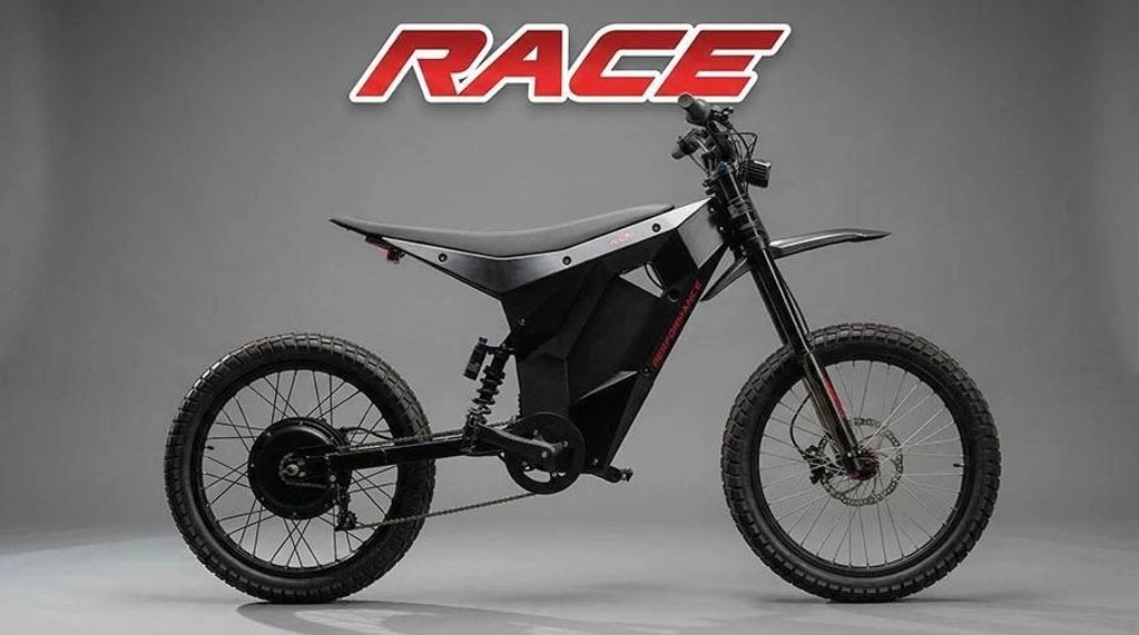 Black electric dirt bike with RACE logo.