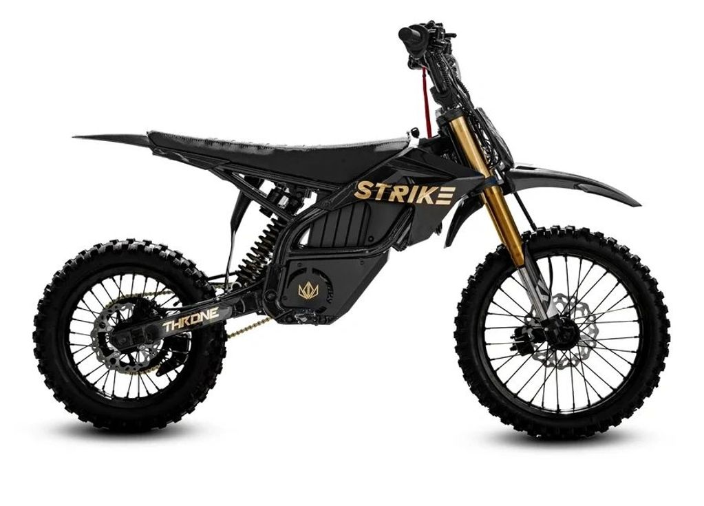 Black and gold electric dirt bike side view.