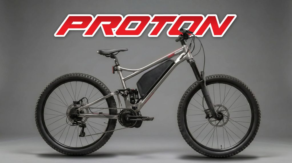 A Proton electric mountain bike with bold logo.