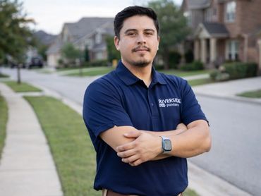 Man standing confidently on suburban sidewalk in blue Riverside polo shirt.