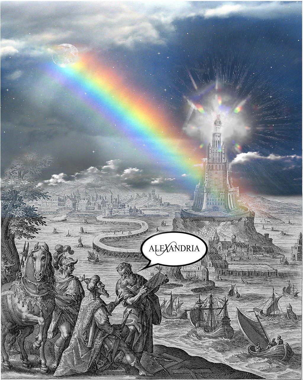 An ancient city scene with a radiant rainbow and a glowing tower labeled Alexandria.
