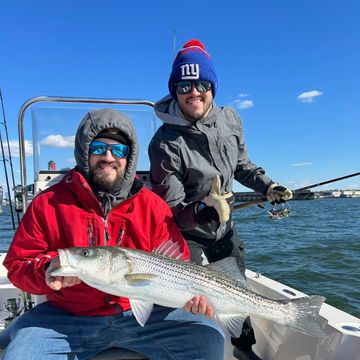 Two men on a boat proudly holding a large fish they caught.