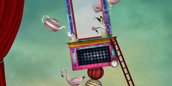 Surreal scene with a floating teapot, flamingos, and a cabinet.