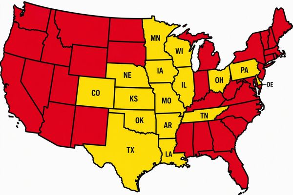 US map with states in red and yellow.