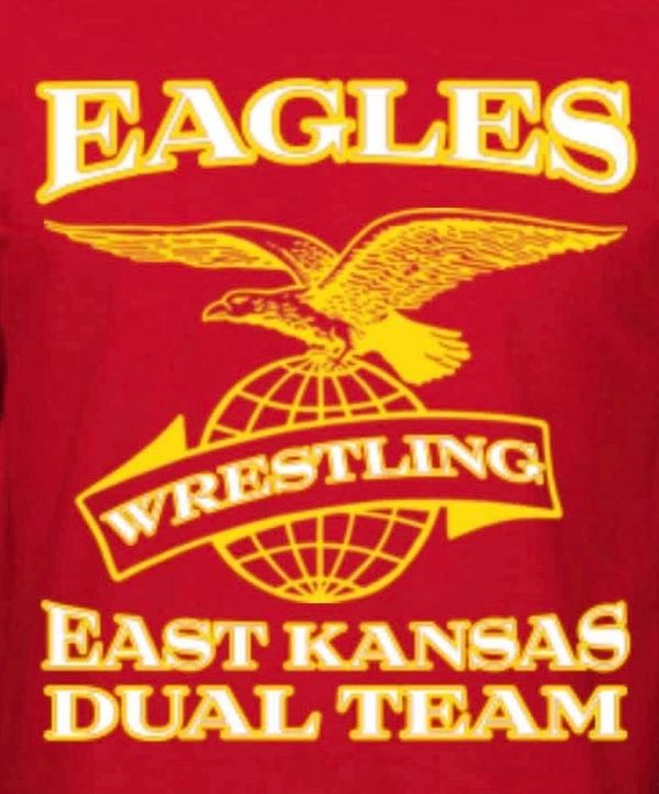 Red shirt with yellow eagle and wrestling text for East Kansas Dual Team.