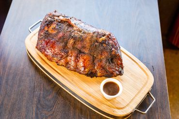 Full slab of hickory smoked Kansas City style barbecue ribs